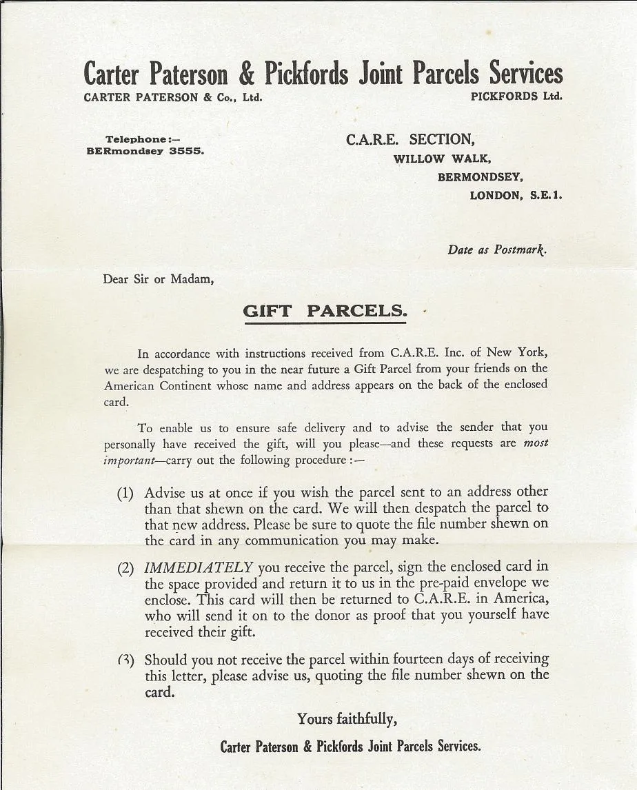 A letter explaining the delivery of CARE Package gift parcels.
