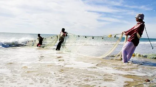 Trois pêcheurs ont du mal à remonter le filet de pêche constitué d'une moustiquaire assemblée. L'utilisation croissante de moustiquaires dans la pêche est l'une des plus grandes menaces pour le stock de poissons à Angoche. Le programme CARE et WWF, P&S travaille avec loc