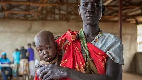 Uma mulher traz seu filho para exames de desnutrição durante uma recente missão de resposta rápida em Pagak, no estado do Alto Nilo. A CARE participou na missão multi-agência patrocinada pelo PMA e UNICEF que registrou mais de 8,000 pessoas em Pagak e forneceu o