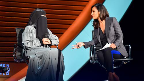 Bushra Aldukhainah on stage at the Women in the World Summit. Credit: Women in the World 
