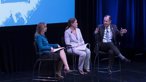 Moderator Michelle Kosinski, left, listens as Michele Flournoy, co-founder of the Center for a New American Security and Adm. Mike Mullen discuss national security during the 2017 CARE National Conference held at the Mead Center for American Theater in Washington, D.C. on Tuesday, May 23, 2017. Carey Wagner/CARE 