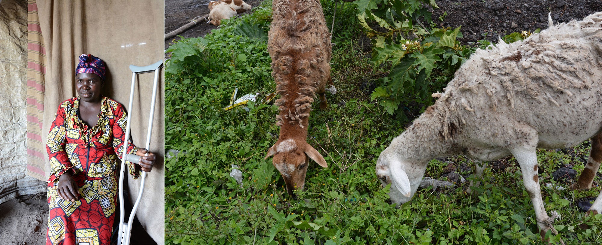 Aunque su pierna resultó gravemente herida por metralla hace unos años, Rosette ha perseverado, apoyando a su familia criando cabras y vendiendo sus hermosas cestas hechas a mano.