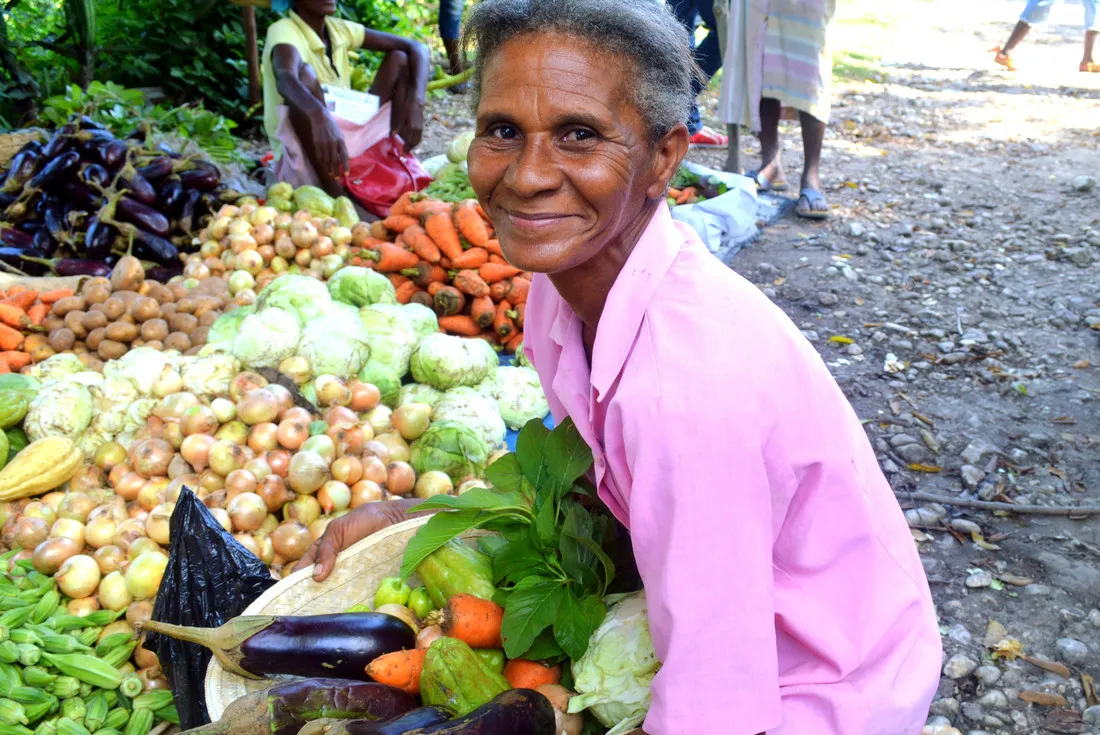Uma mulher de rosa claro se ajoelha com uma cesta de legumes frescos. Atrás dela estão grandes grupos de berinjelas, batatas e mais vegetais.