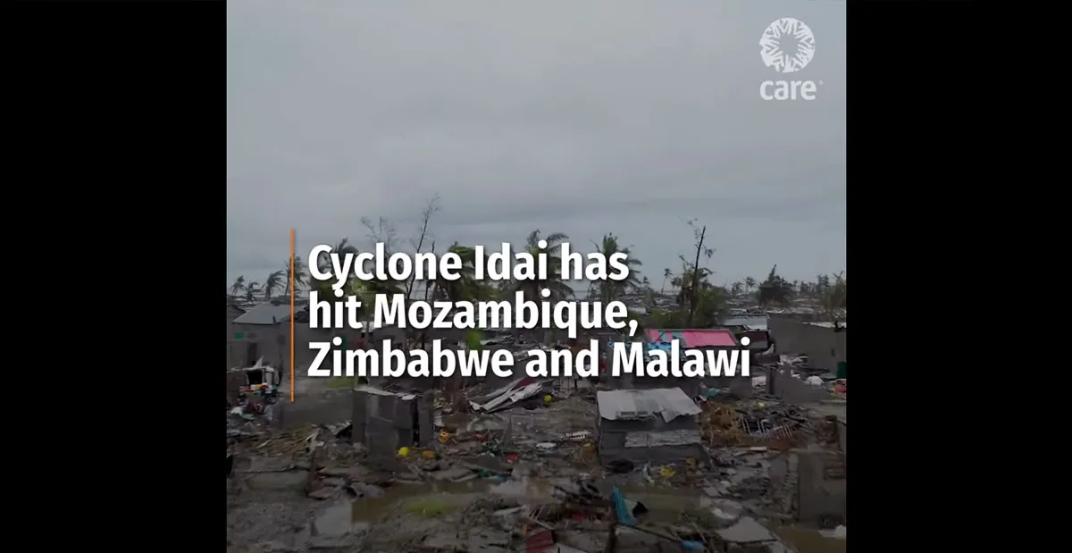 A thumbnail of a video on Cyclone Idai's impact. The image shows damaged building with the following text overlaid: 