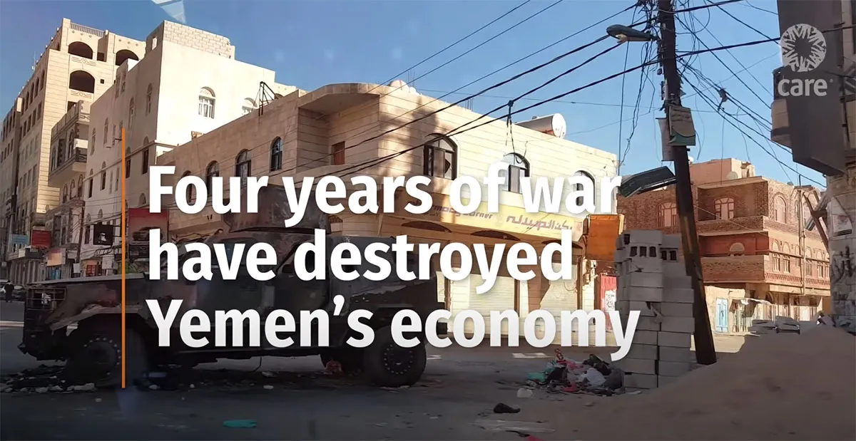 Uma miniatura de um vídeo sobre o Iêmen. A imagem mostra um edifício no Iêmen sobreposto com o seguinte texto: