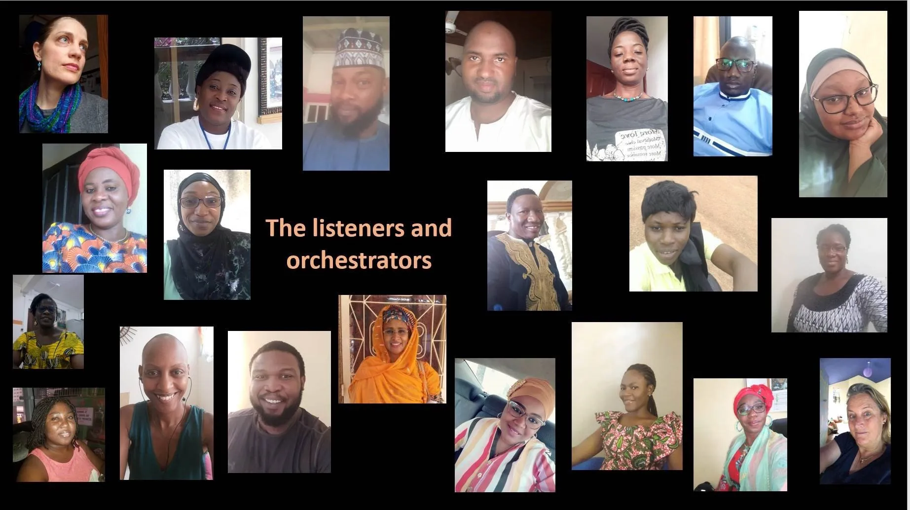 Un collage des portraits de 21 personnes qui ont contribué à la série d'interviews en Afrique de l'Ouest présenté sur cette page.