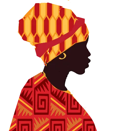 A graphic of a Ghanian woman in profile wearing a traditional stripped head wrap.