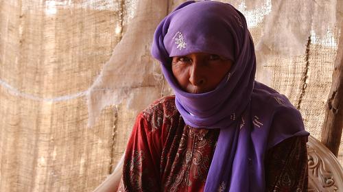 An Idlib-displaced woman wearing a purple headscarf.