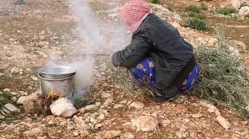 A displaced Syrian woman builds a stone stove to cook for her family and uses the branches of live trees to light the fire.