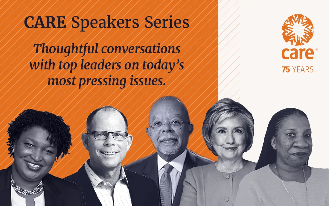 A graphic showing a selection of the speakers from the CARE Speakers Series. Overlaid text says, 