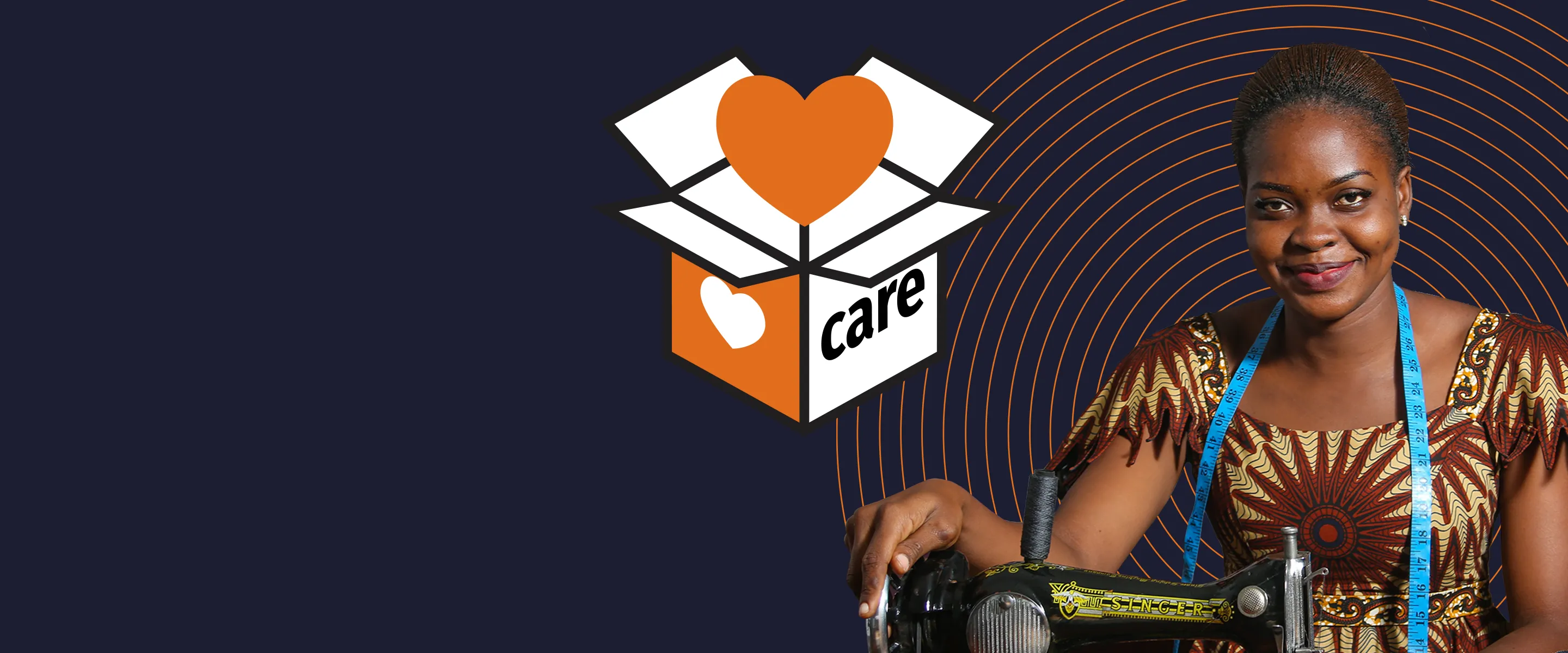 A photographic featuring a woman wearing a floral patterned shirt sits proudly with a sewing machine. There is blue measuring tape hanging around her neck. She is overlaid on a dark blue background with an illustration of an orange heart coming out of an open CARE Package box.
