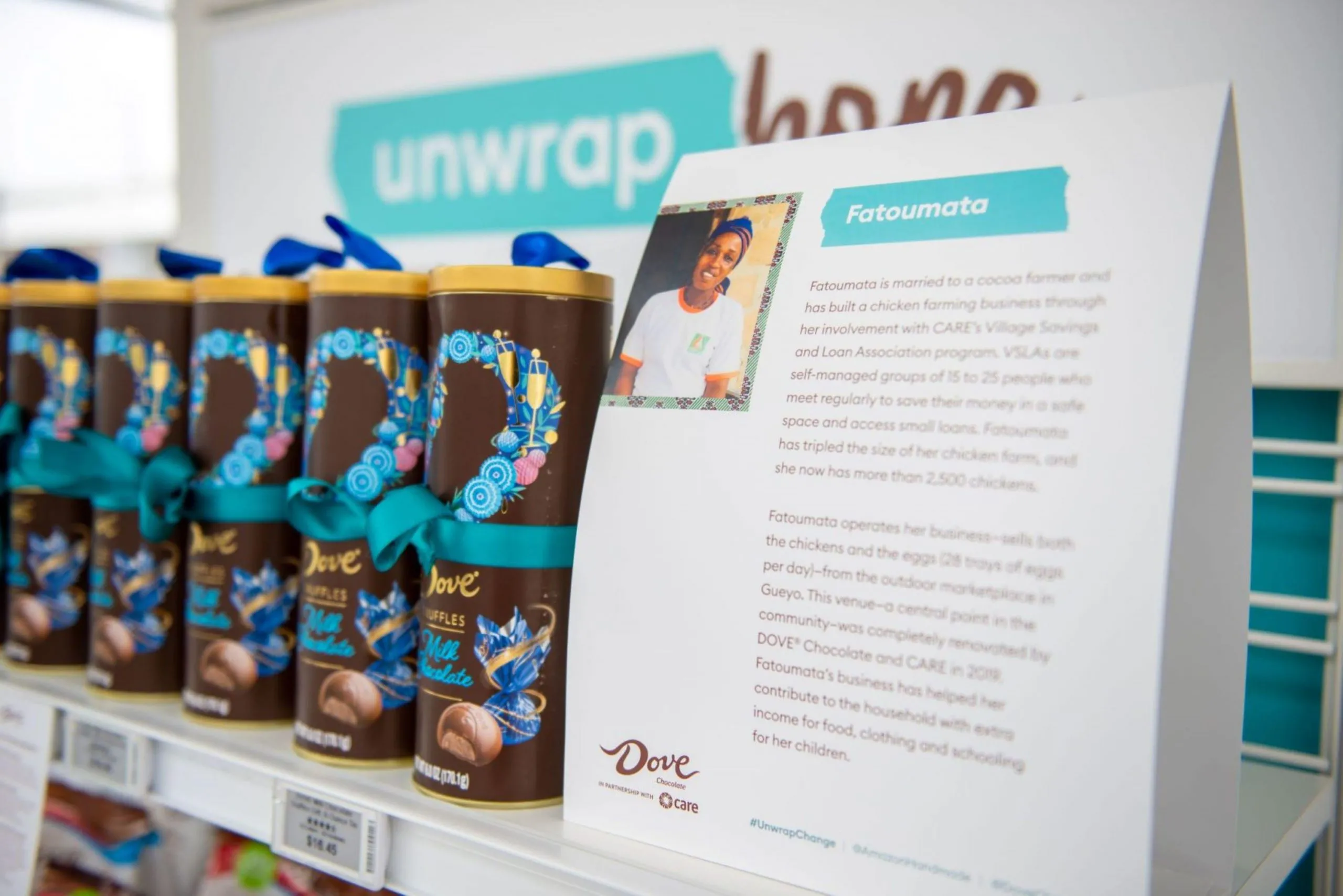 A product image of Dove Milk Chocolate Truffles next to a printed story of Fatoumata, a woman involved with CARE's Village Savings and Loan Associations program.