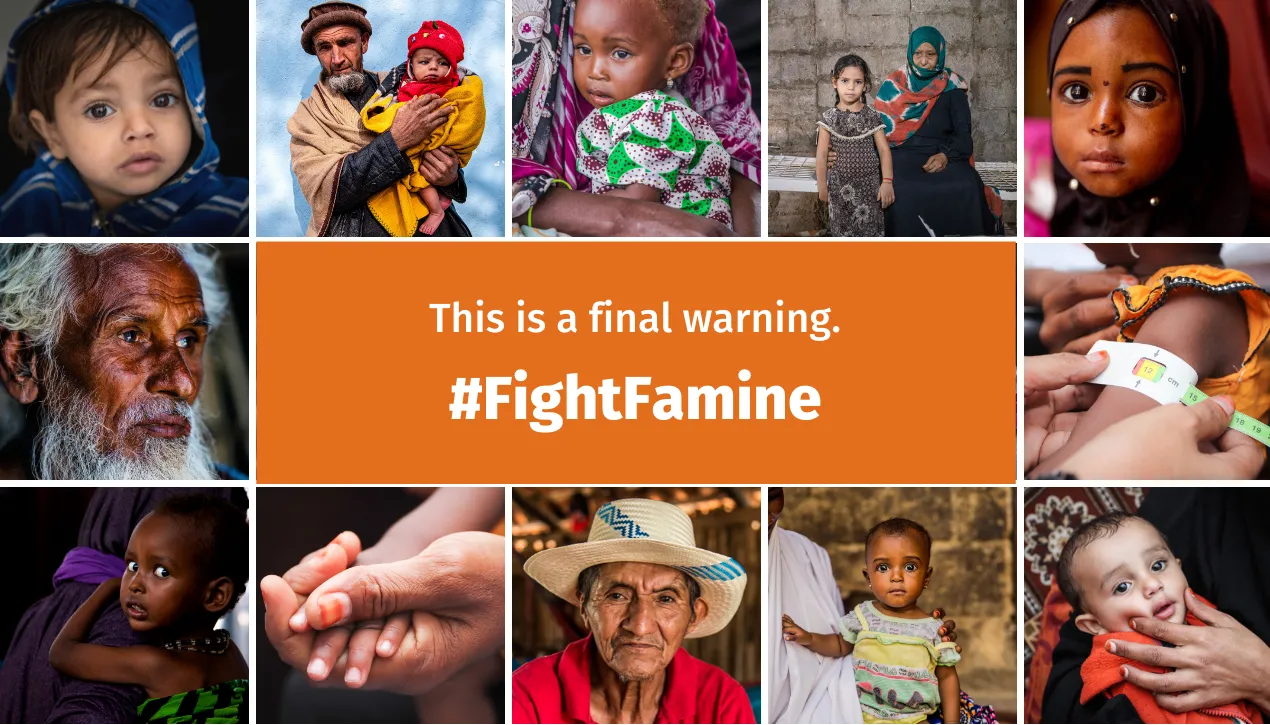 #FightFamine. Portraits of several people.