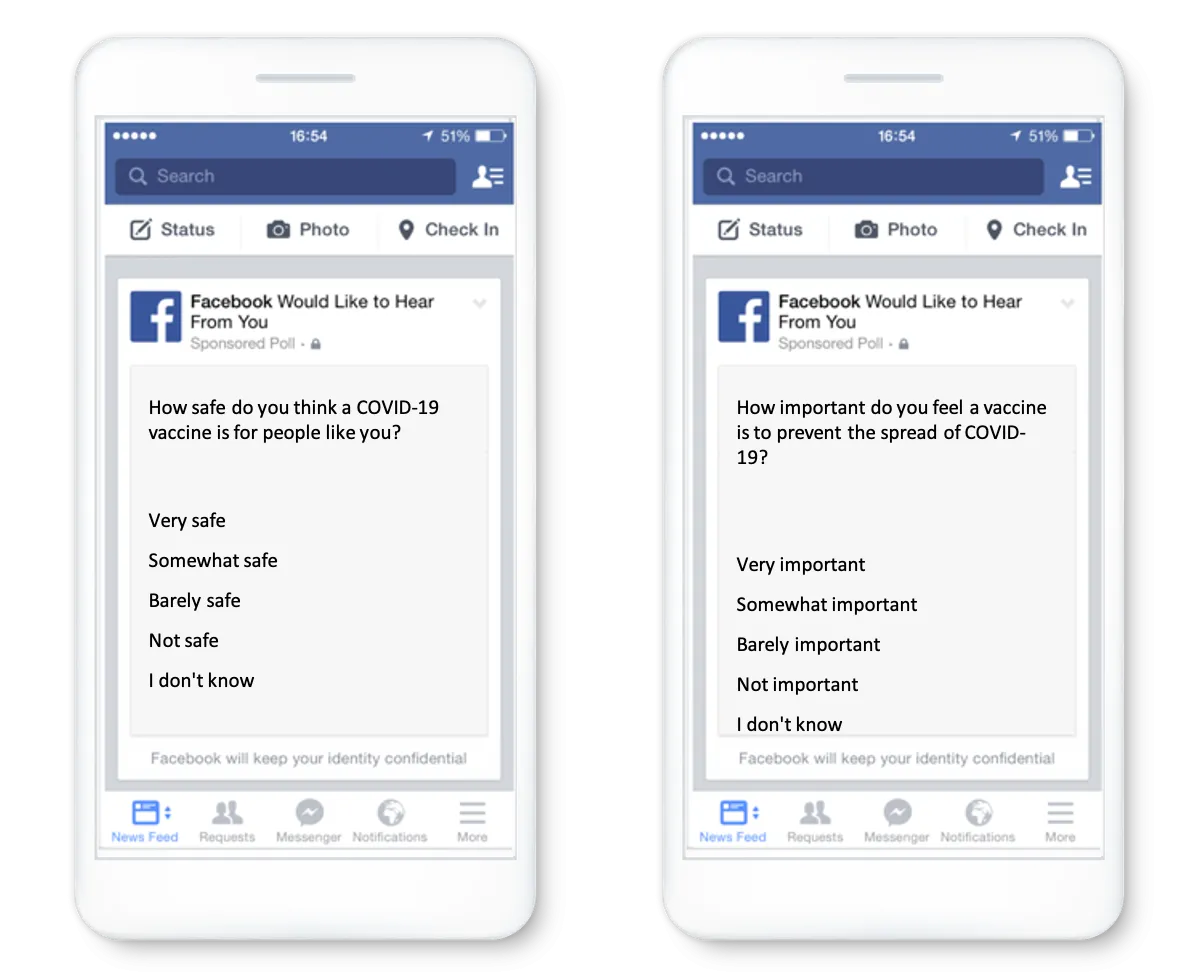 A mockup of Facebook survey questions on an iPhone.
