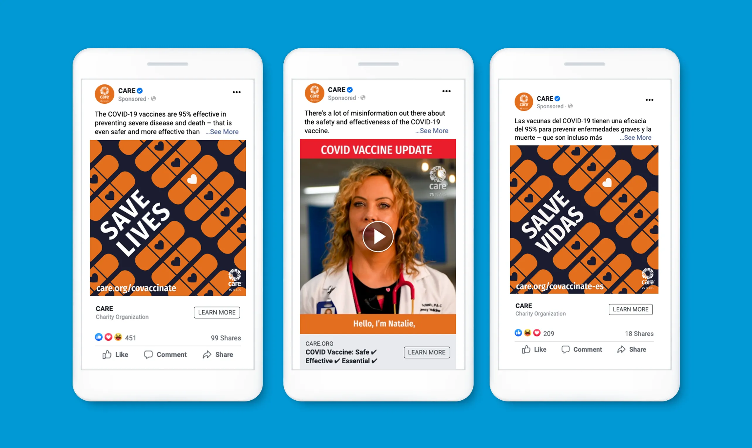 Three mockups of sample Facebook image and video posts on iPhones on a bright blue background.