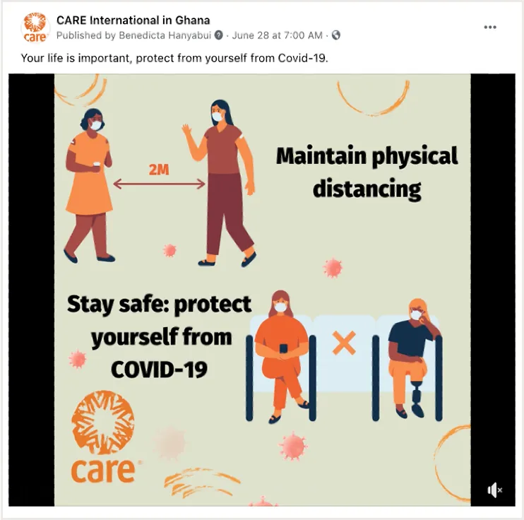 CARE Ghana social media graphic encouraging people to stay safe from COVID-19 by maintaining physical distancing.
