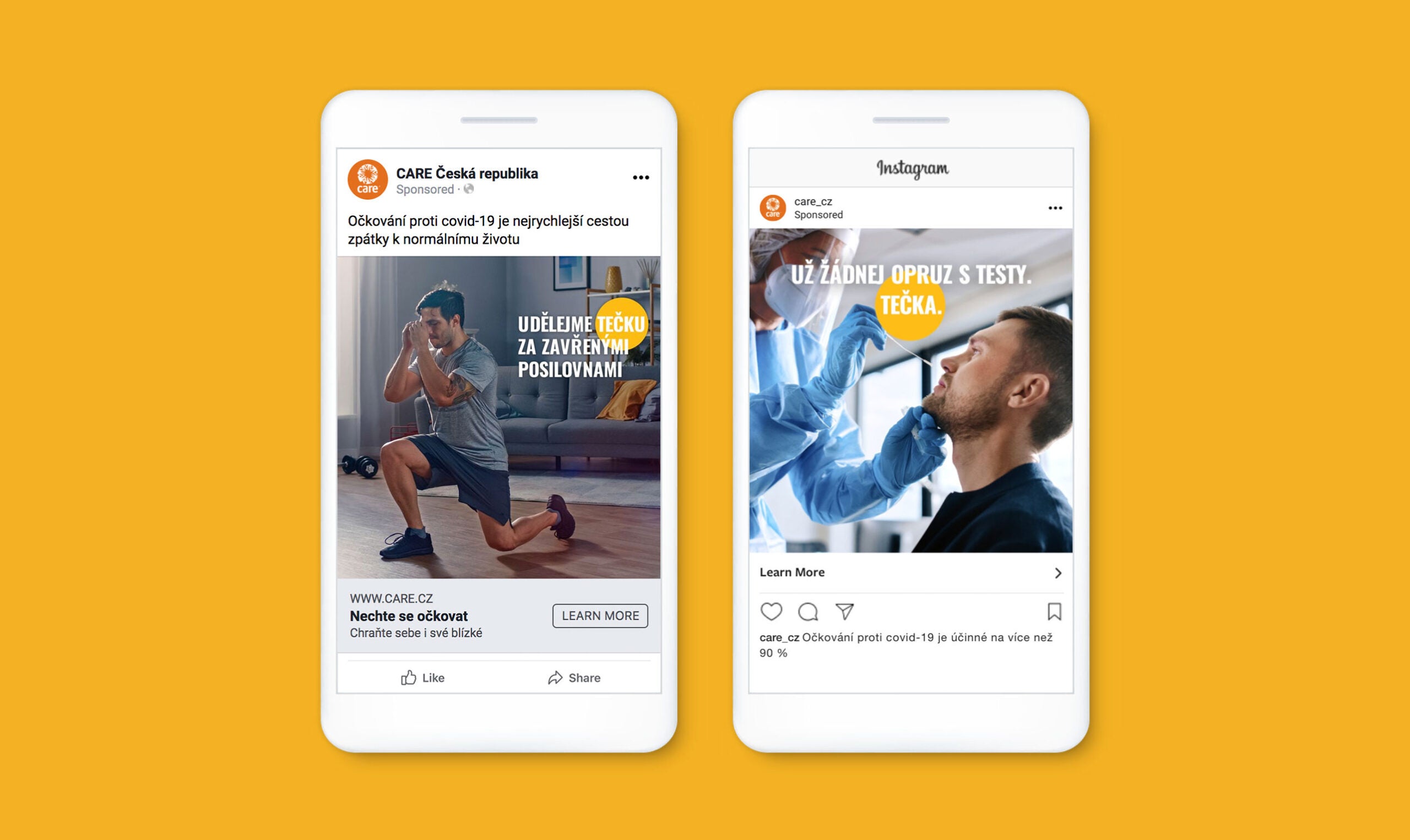 Uma maquete de dois iPhones mostrando postagens no Facebook e no Instagram incentivando as pessoas a tomar a vacina.