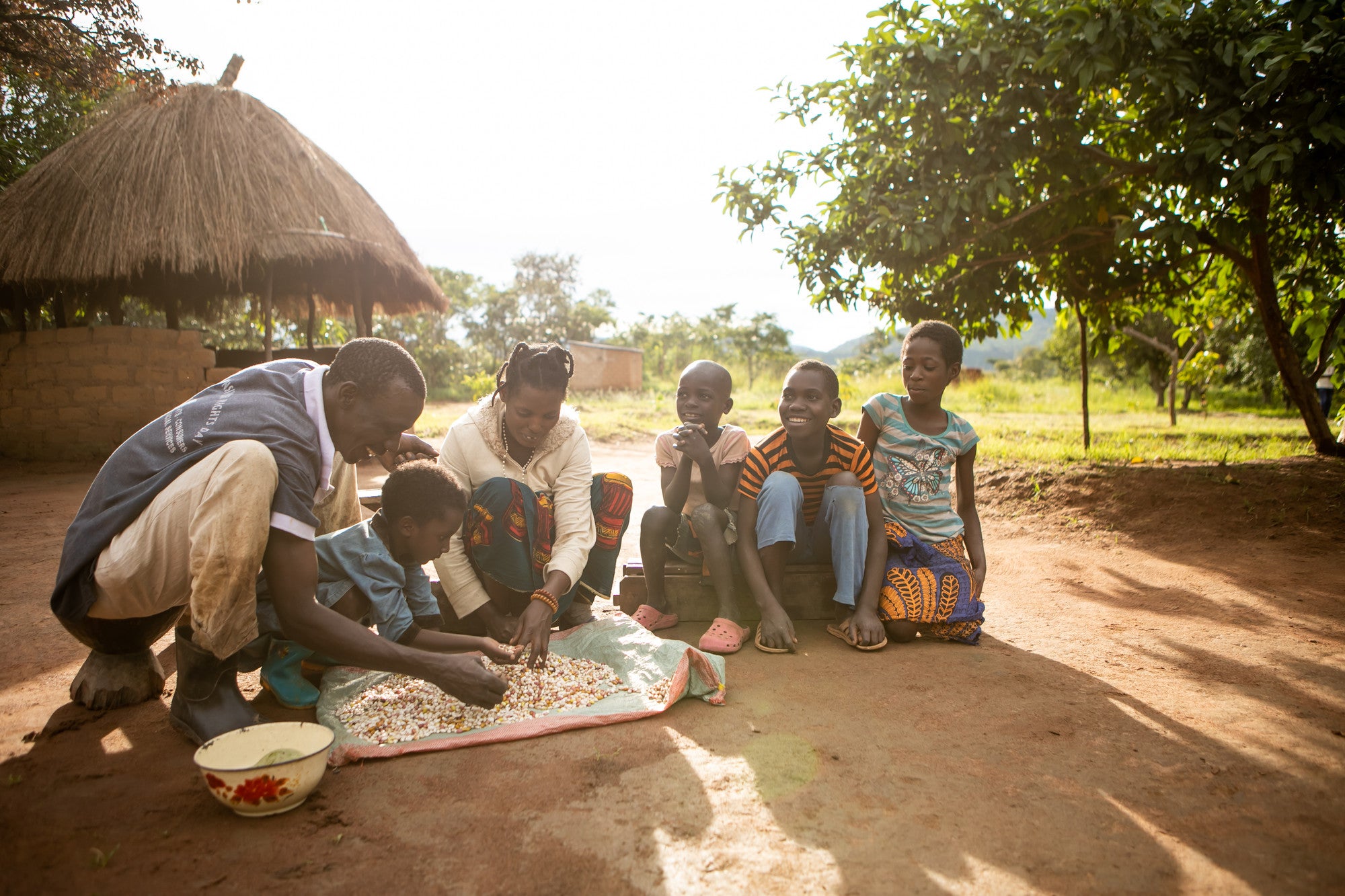 A family sits outside sorting seeds.