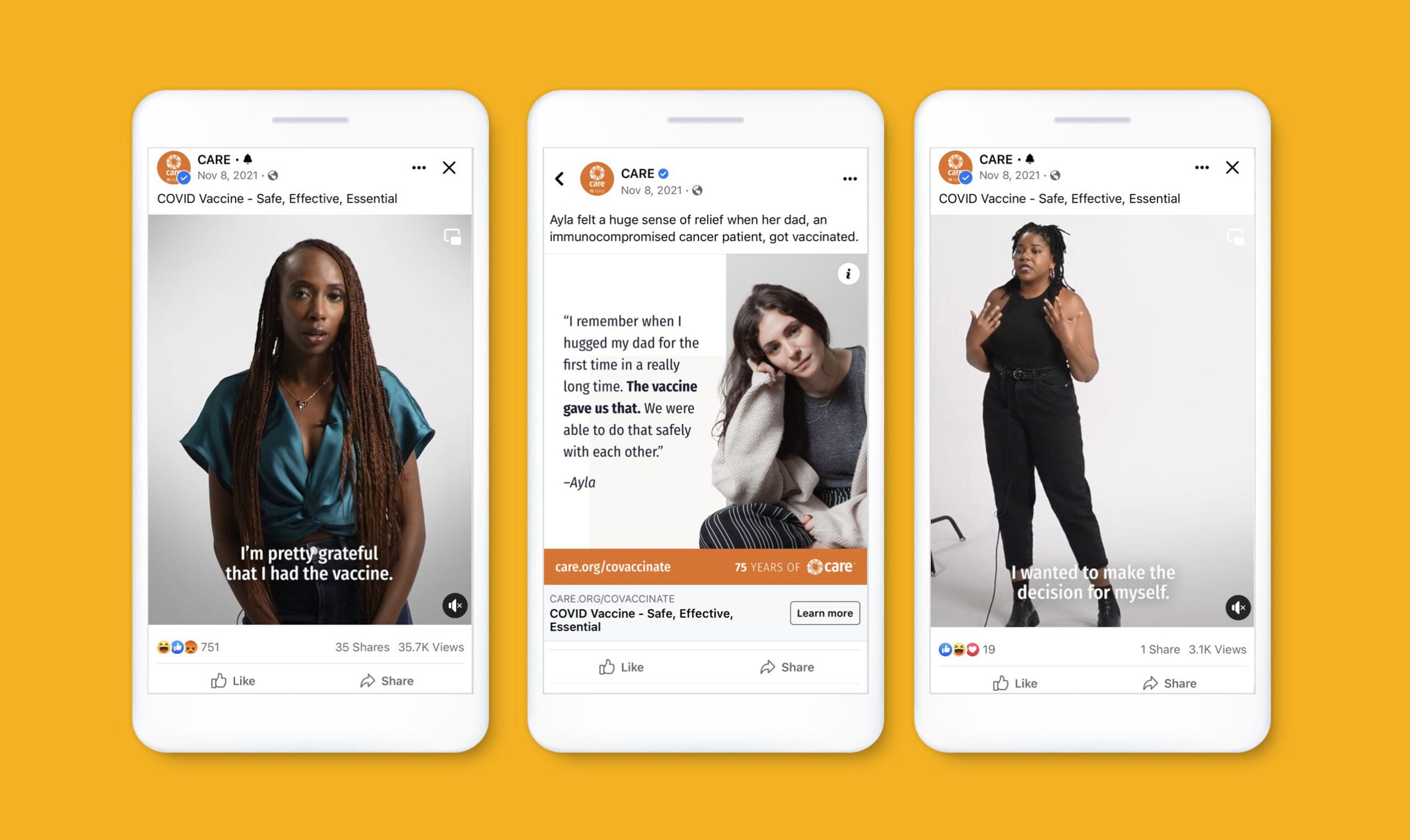 Exemplos de três anúncios exibidos no Facebook e Instagram de mulheres compartilhando suas histórias pessoais sobre a escolha de tomar a vacina COVID-19.