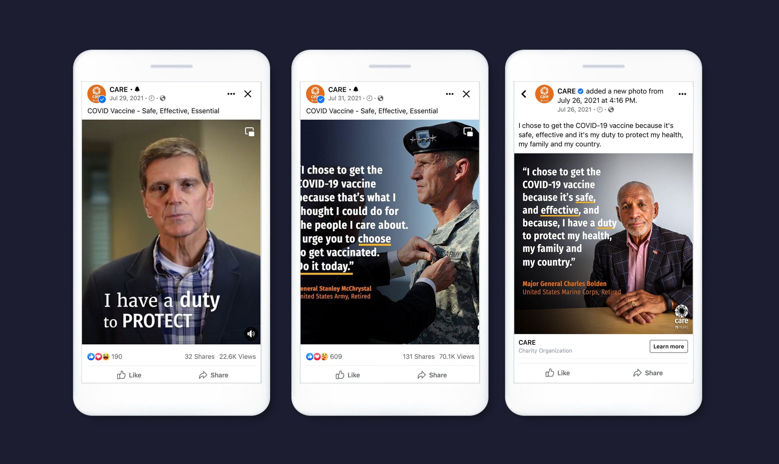 Tres anuncios de Facebook que muestran a veteranos que alientan a las personas a vacunarse contra el COVID-19.