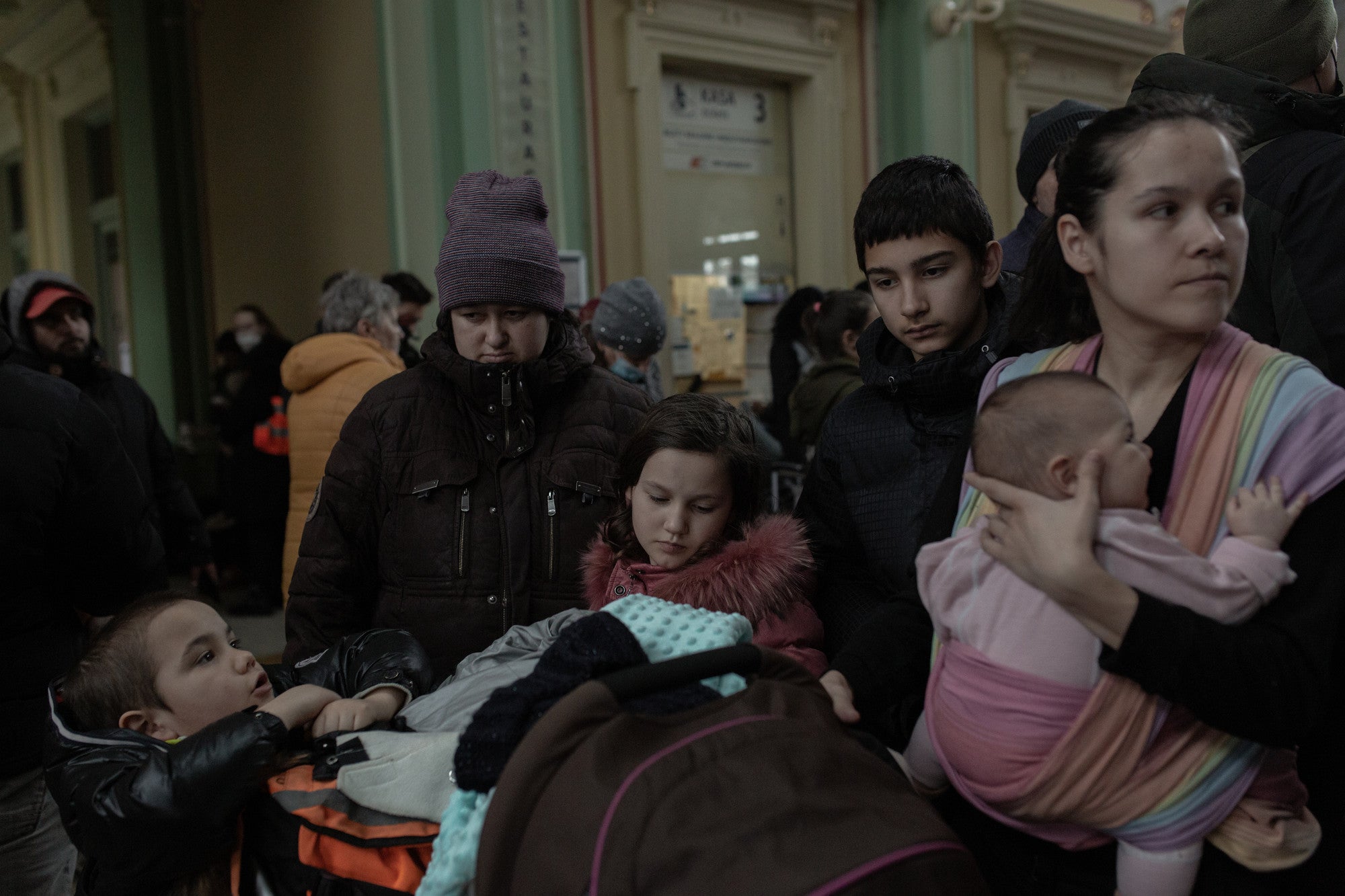 Ukrainian refugees, including many children and women, arrive by trains at Przemyl station (Poland).
