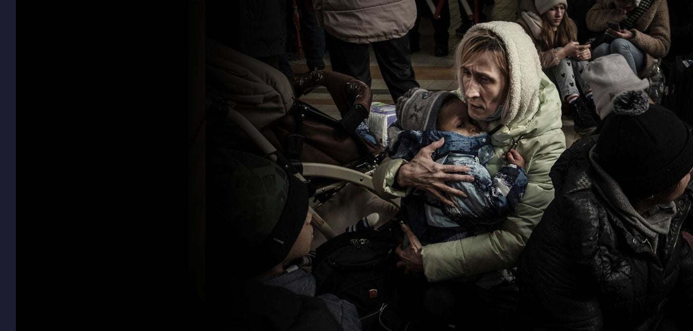 An Ukranian woman with her children at the station in the town of Przemysl in southeast Poland, just a few kilometres from the Ukrainian border.