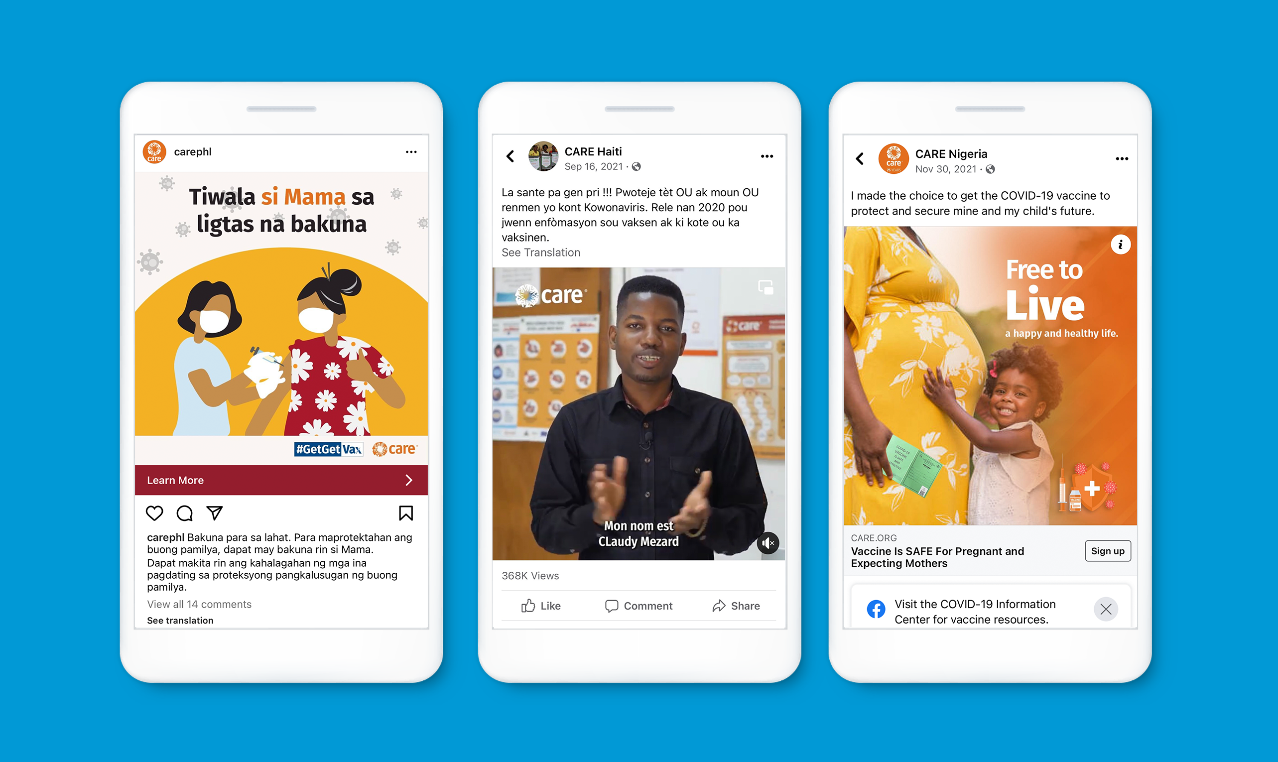 A mockup showing Facebook and Instagram posts from CARE Philippines, CARE Haiti, and CARE Nigeria.