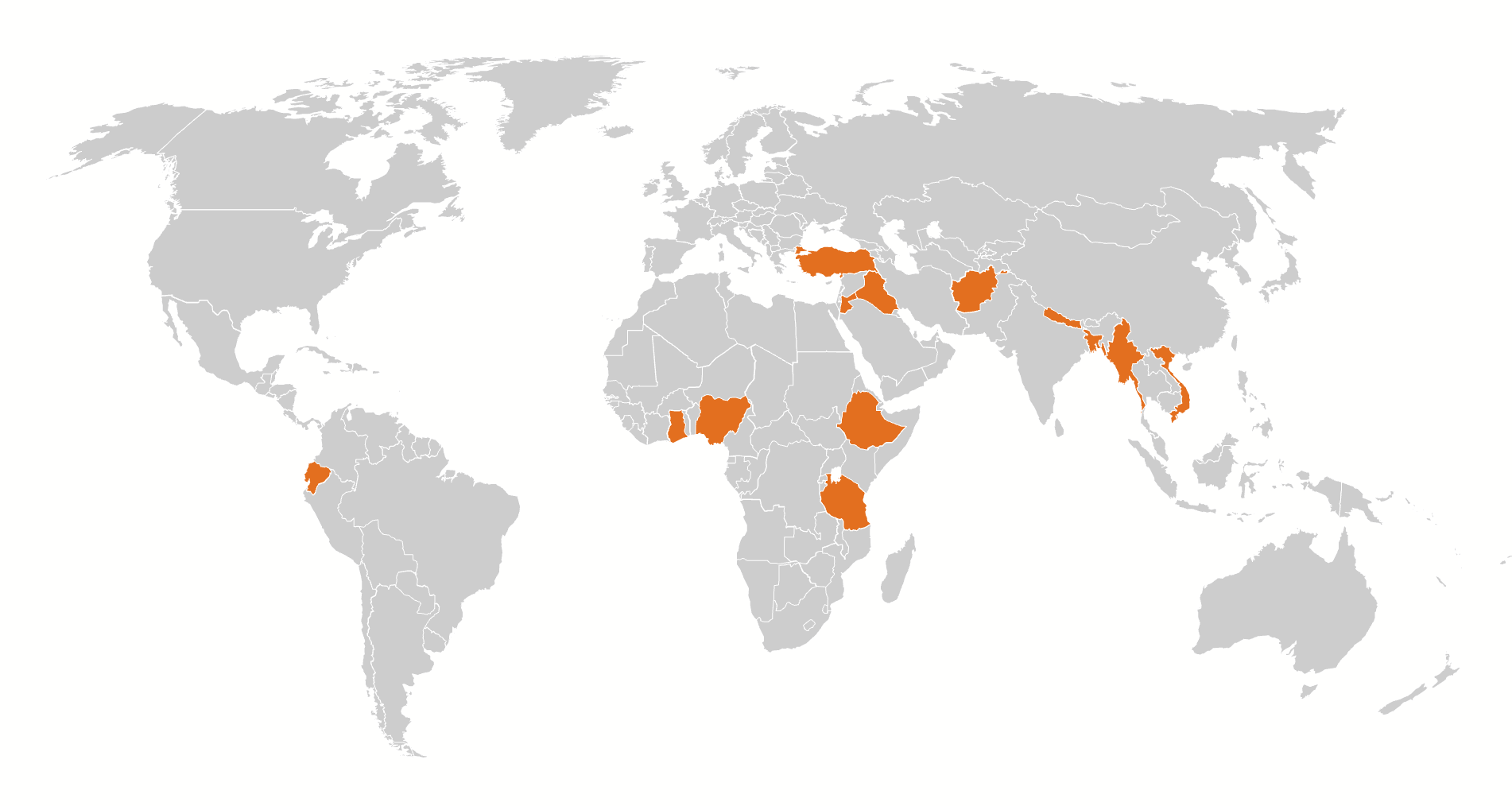 Um mapa do mundo destacando 13 países