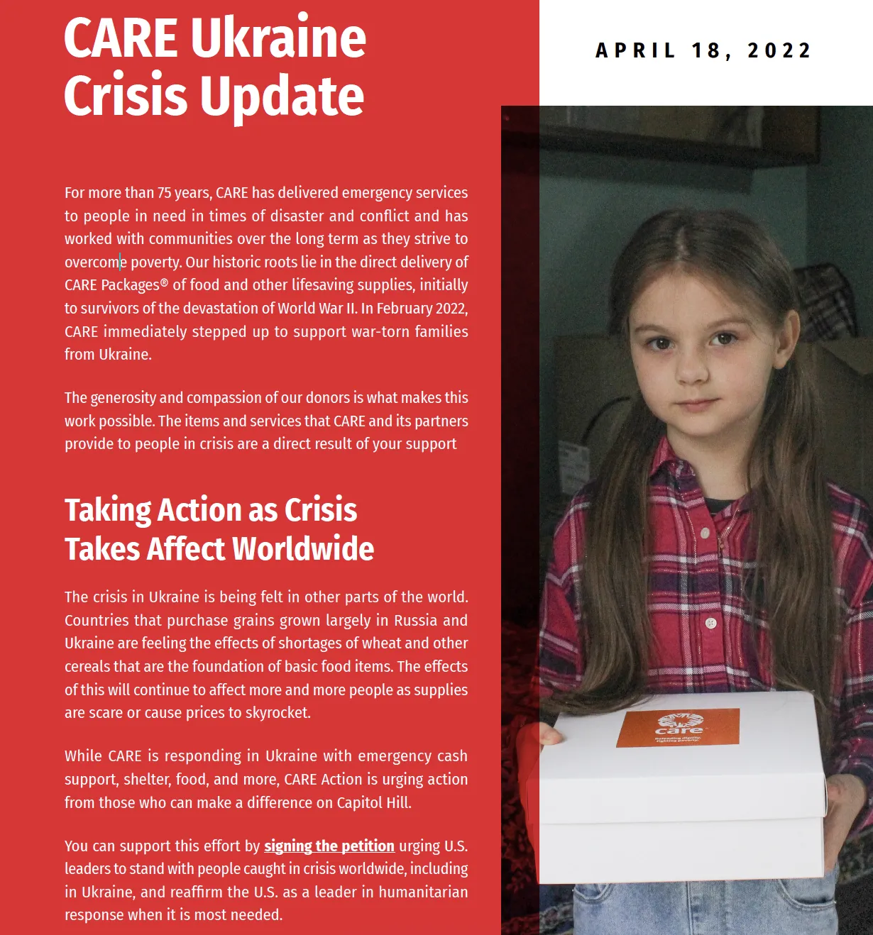 Cover page of the CARE Ukraine Crisis Update from April 18, 2022, featuring a young girl holding a white box with a CARE logo.