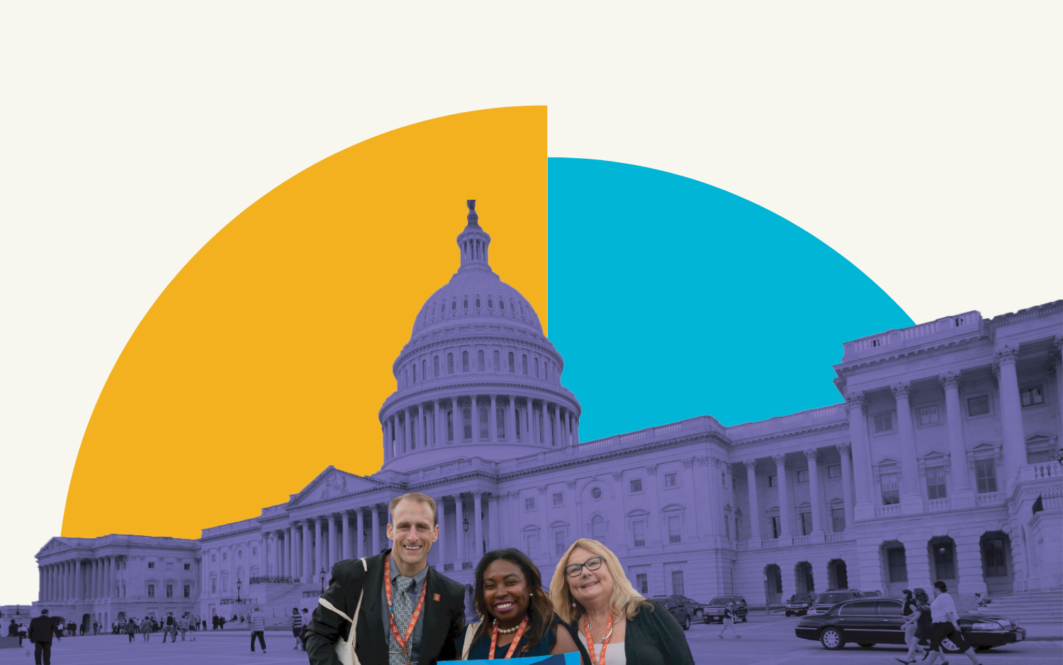 Un gráfico decorativo para la Conferencia Nacional CARE 2022 que muestra a un grupo de hombres y mujeres de pie frente al Capitolio de los EE. UU.