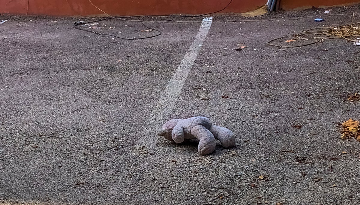 Imagem do brinquedo de pelúcia de criança abandonado em um terreno baldio