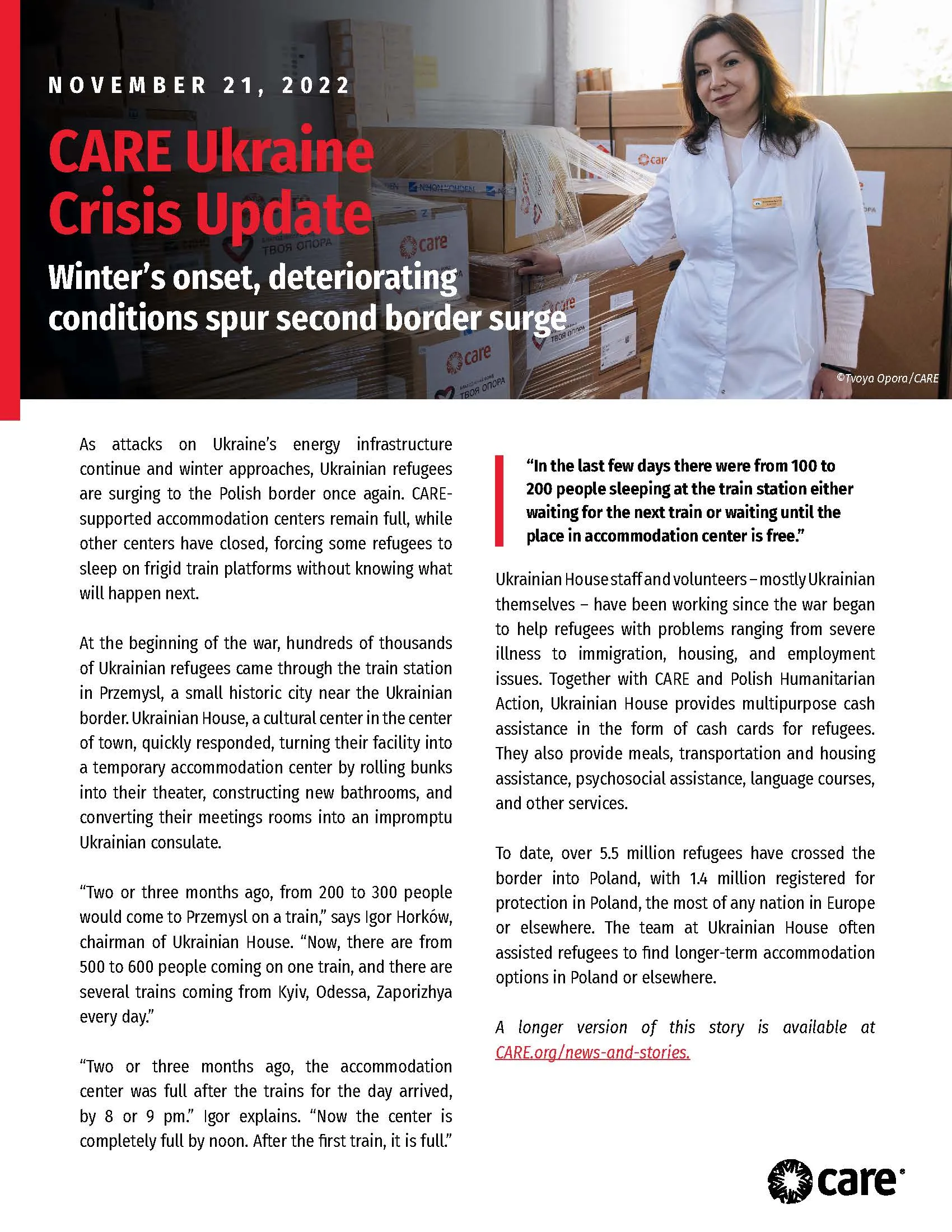 The cover page of the November CARE Ukraine Crisis Update, showing the headline, 