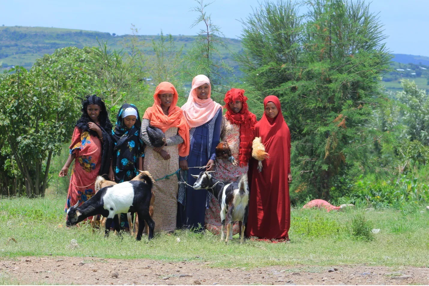 A groups of girls with the goats and chickens they are raising for income.