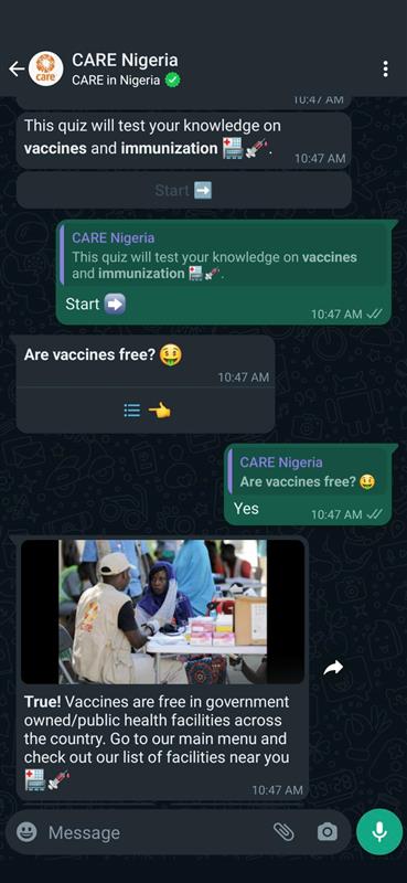 screenshot of a quiz in the CARE Nigeria chatbot