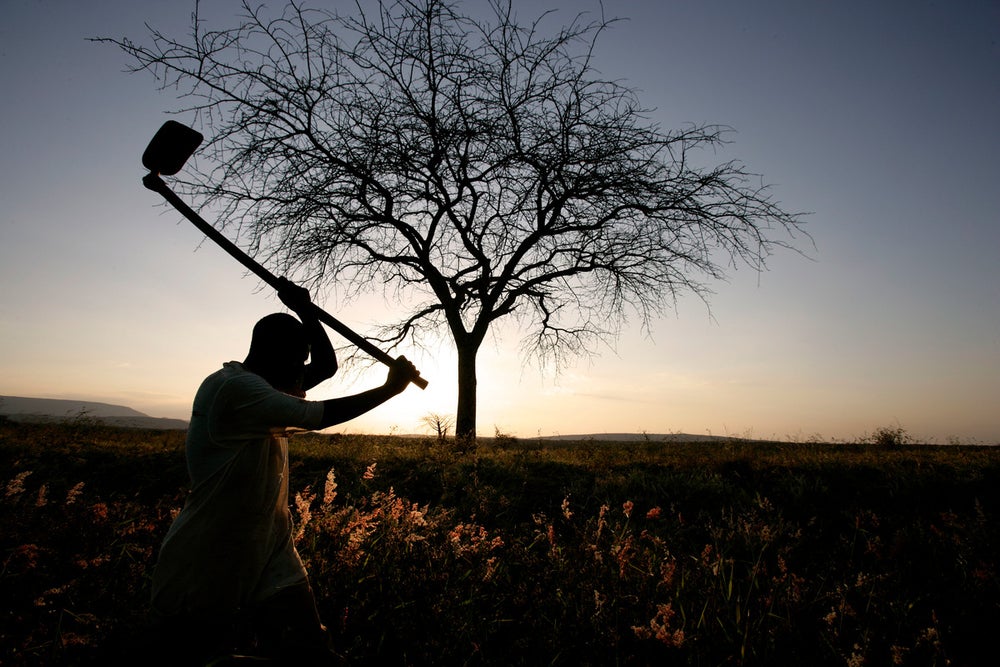 A silhouette of a man raising a hoe to till his field. The sun is setting in the background.