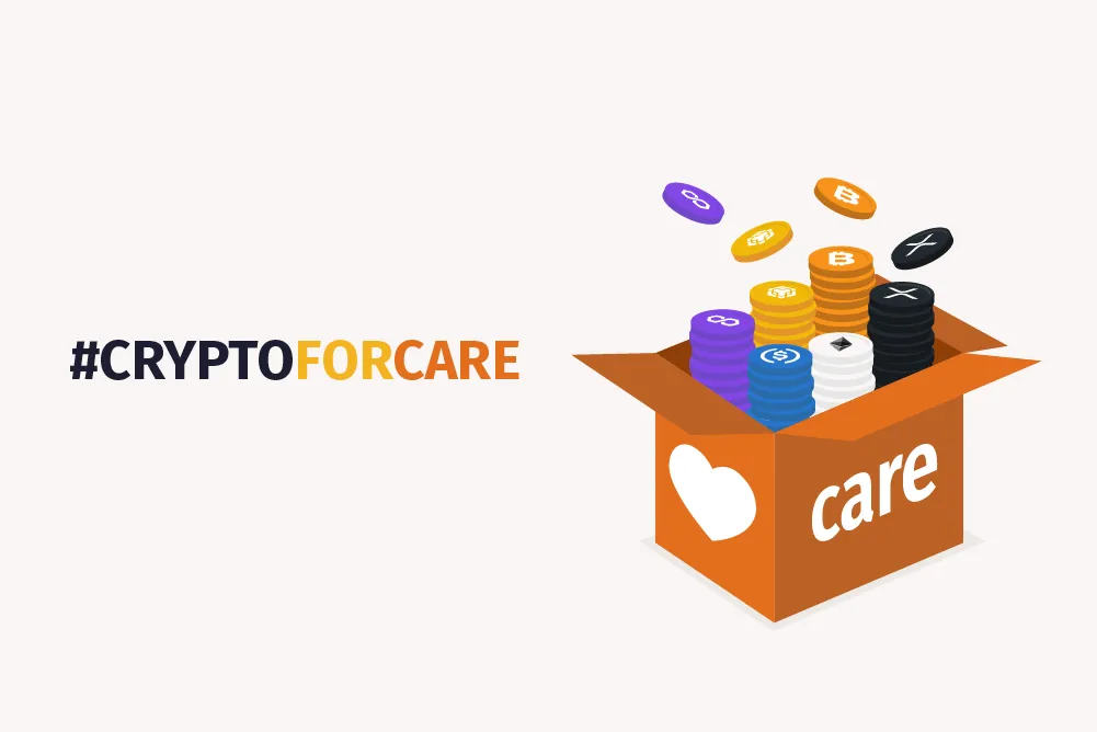 A graphic of bitcoins spilling out of a CARE package.