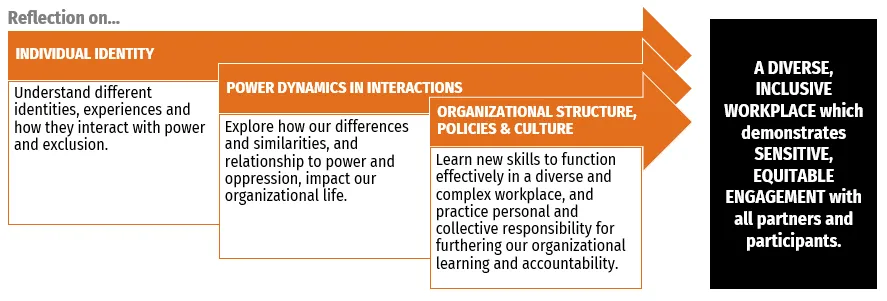 Graphic showing that individual identity, power dynamics in interactions, and organizational structure, policies and culture all lead to a diverse, inclusive workplace.