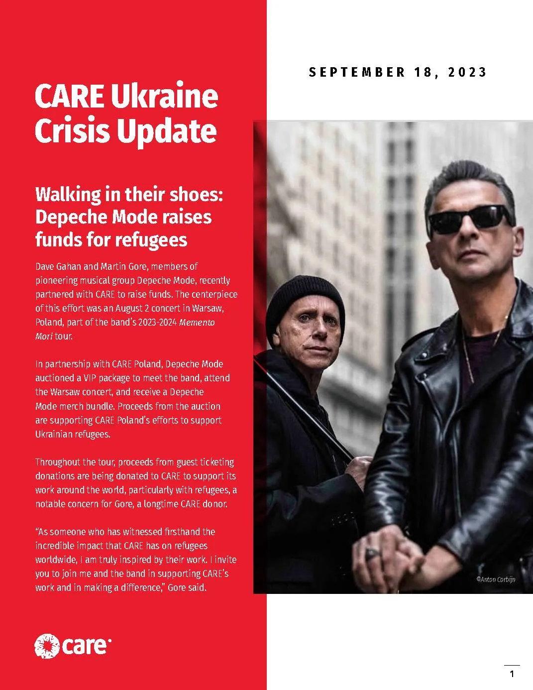 The cover page for the September 2023 CARE Ukraine Crisis Update, featuring a picture of Dave Gahan and Martin Gore from Depeche Mode.