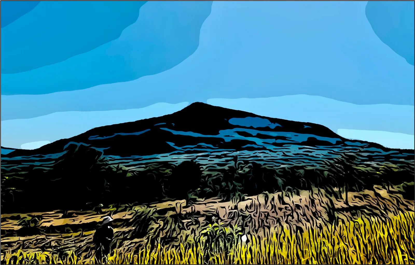 An illustration of a mountain in Zimbabwe, with fields at the foot.