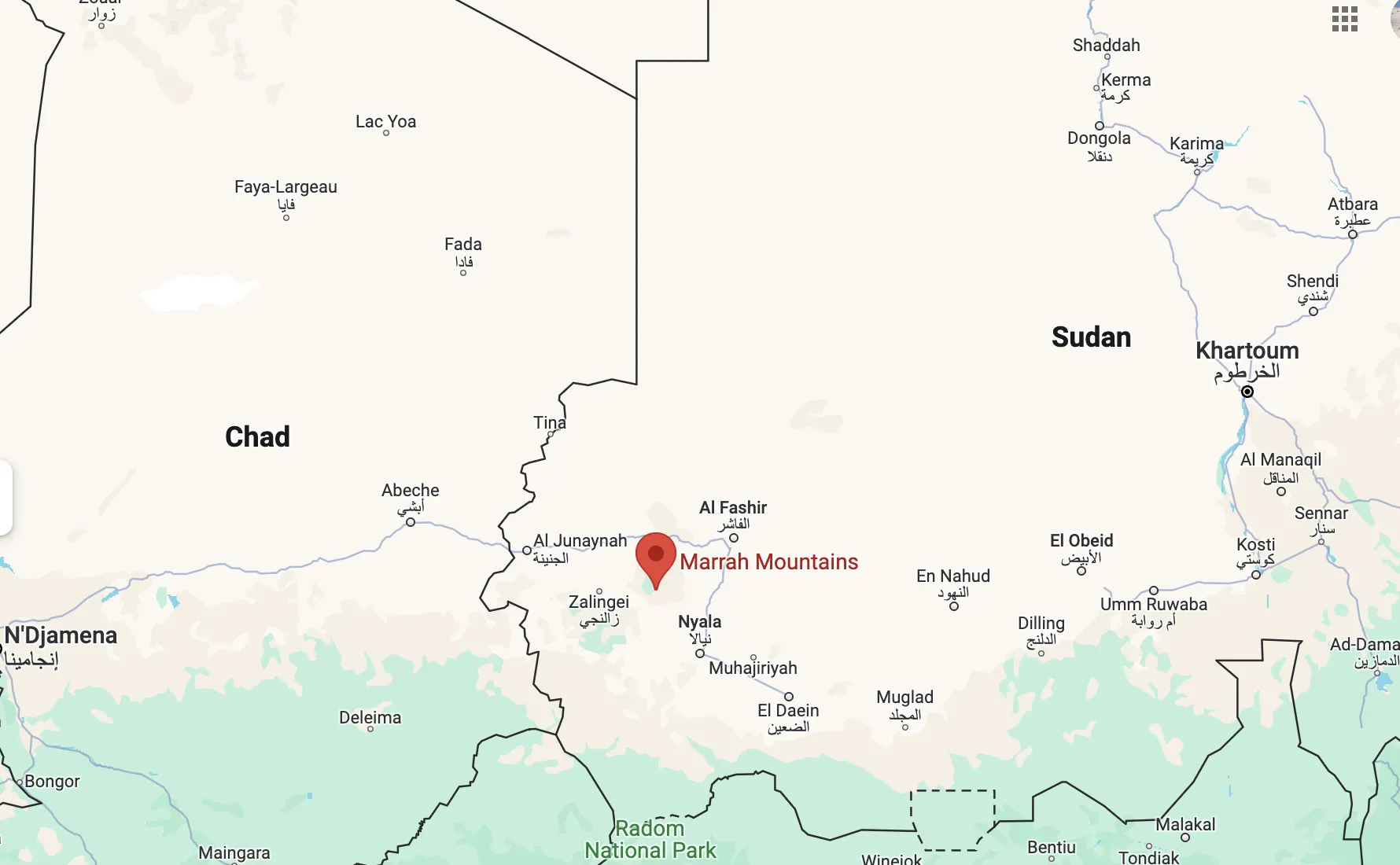 Map of southwestern Sudan with a pin marking the Marrah Mountains