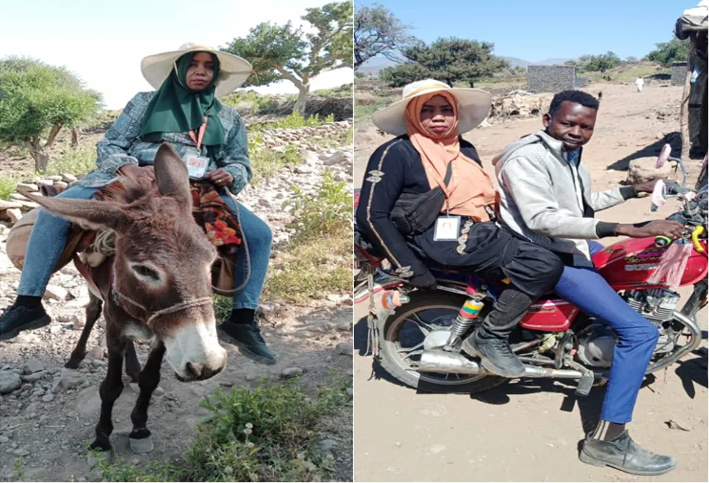 Two images of a woman on a donkey and a woman on the back of a motorcycle, behind a driver