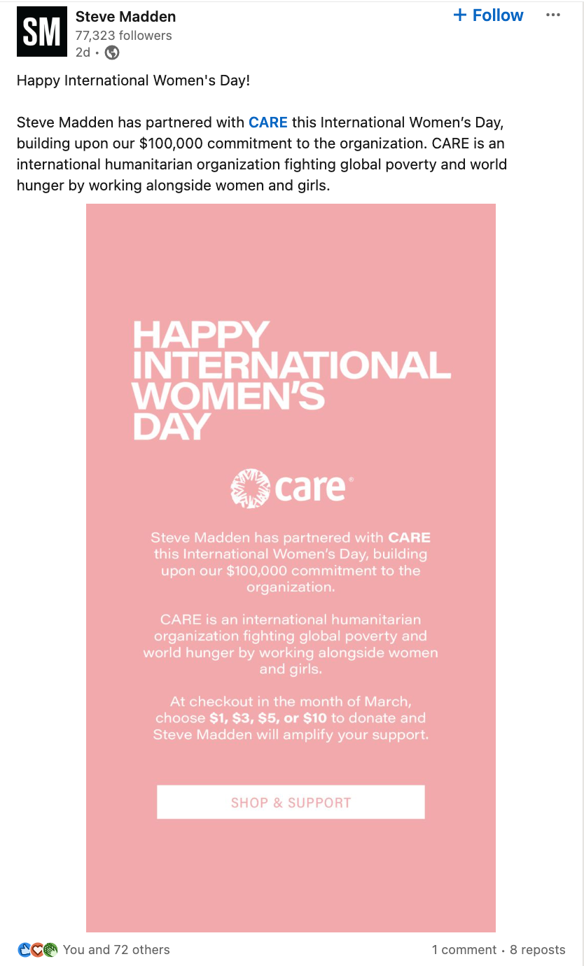 A social post by Steve Madden celebrating International Women's Day with CARE.