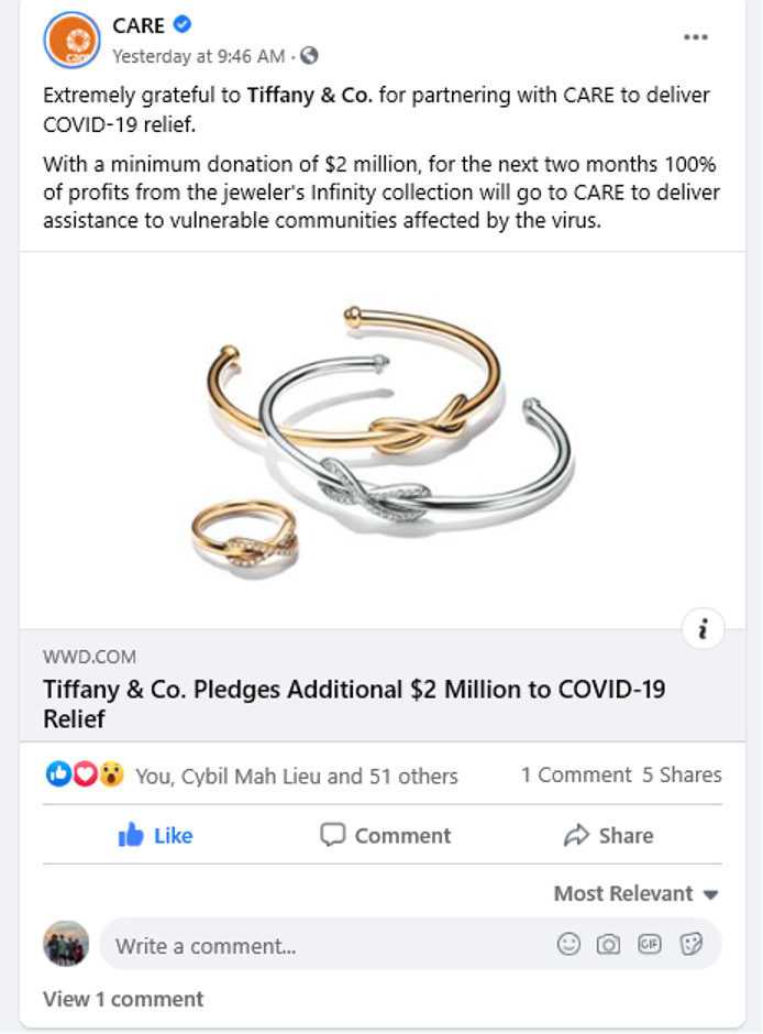 A Facebook post by CARE featuring a Tiffany & Co. limited edition bracelet.