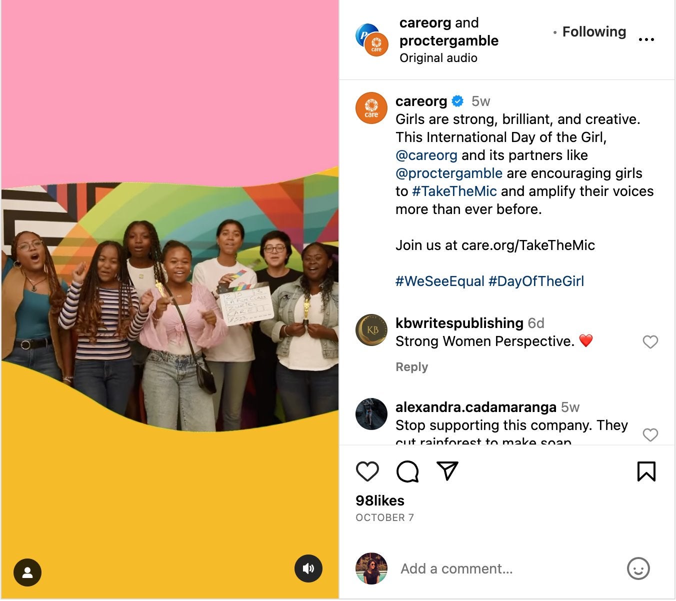 A joint Instagram post by CARE and P&G celebrating International Day of the Girl.