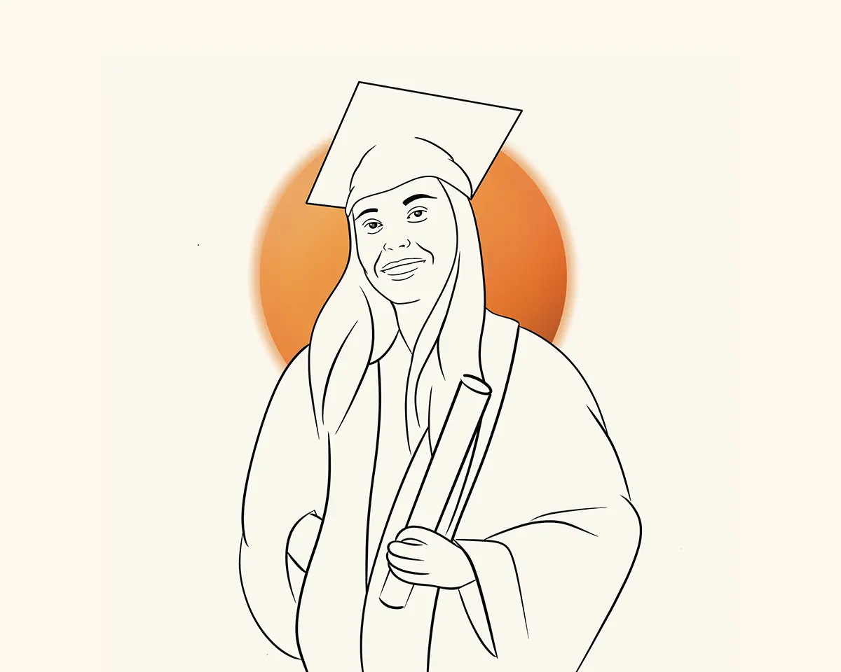 An illustrated portrait of a young woman in a graduation gown and holding a diploma.