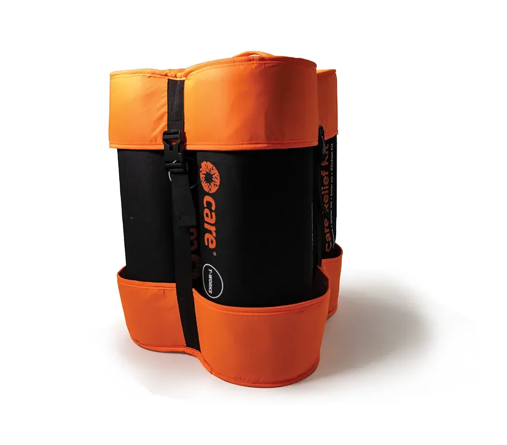An orange CARE emergency kit that can be worn as a backpack.