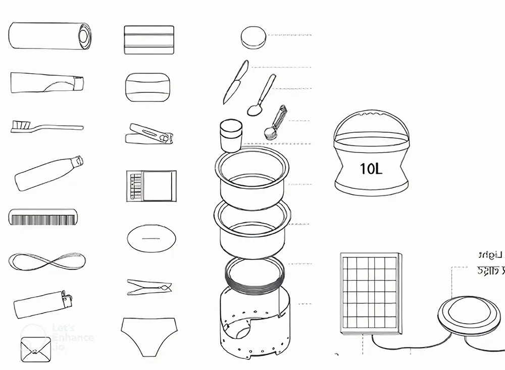 An illustration of hygiene and cooking materials, including a toothbrush, toothpaste, nailclippers, underwear, a pot, and silverware.