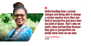 Quote and portrait photo that reads "Understanding how a system changes and being able to change a system requires more than one kind of perspective and more than one kind of player. That’s why we really value partnerships because they give us perspectives we would never have on our own"