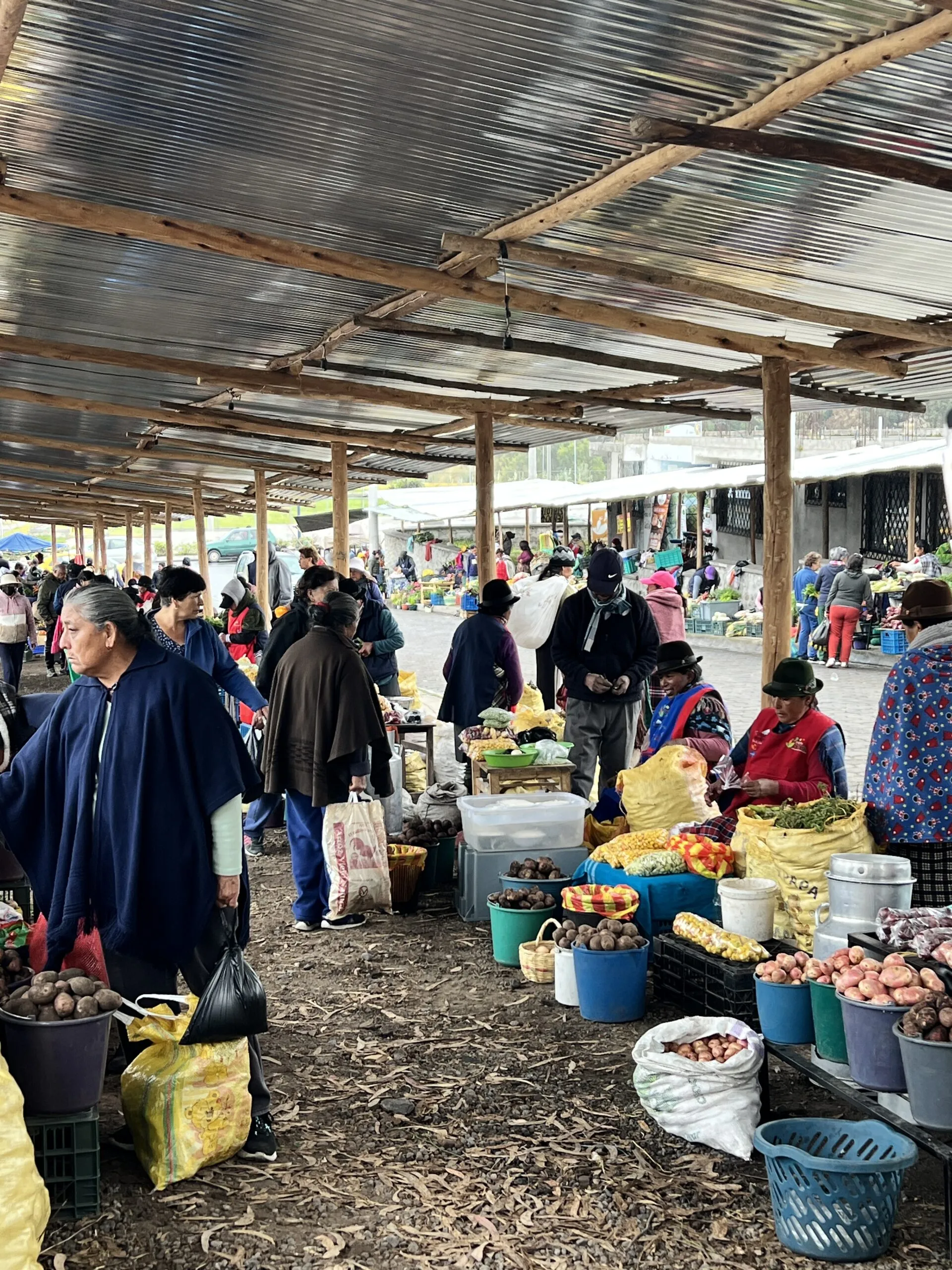 Wide view of shoppers and farmers at the De la Mata a la Olla agroecological market under a covered structure.