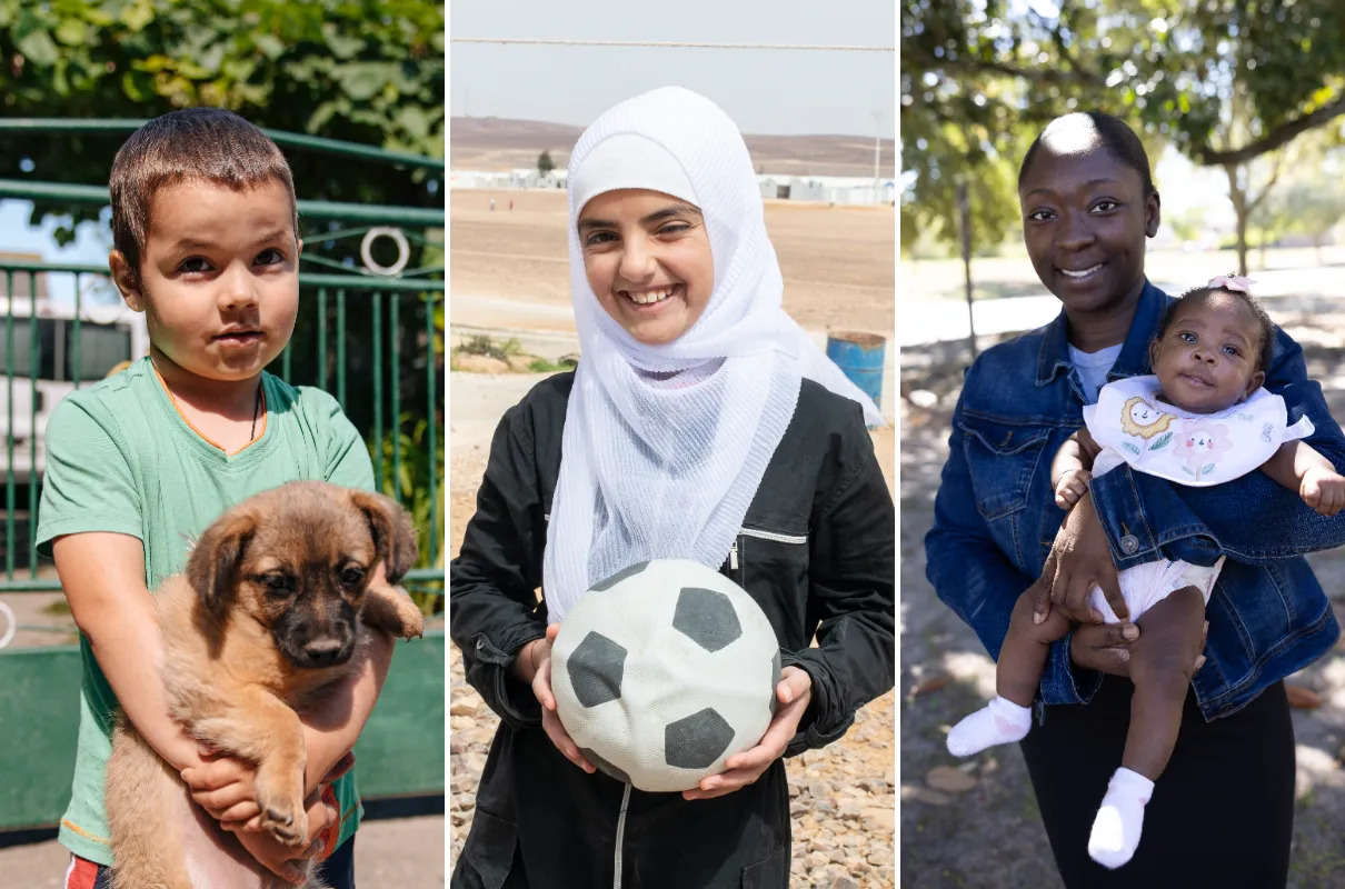 A triptych showing an image of a Ukrainian boy holding a puppy, a Syrian teenager holding a soccer ball, and an American mother holding her newborn.